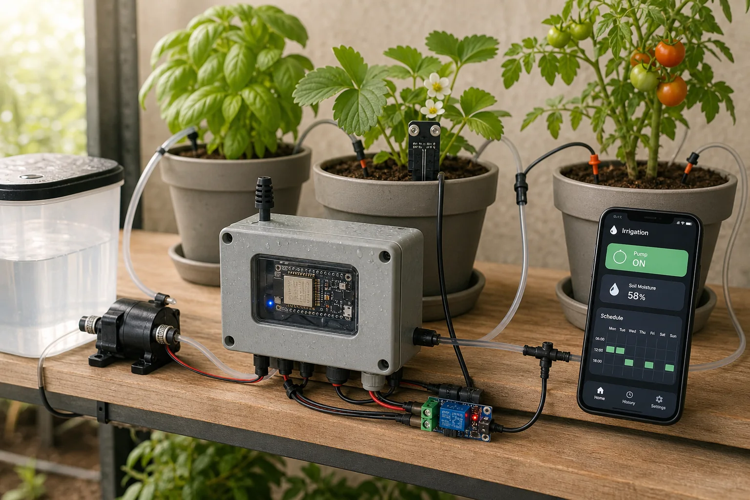 ESP32 gardening controller with 12 volt pump drip lines sensors and mobile schedule