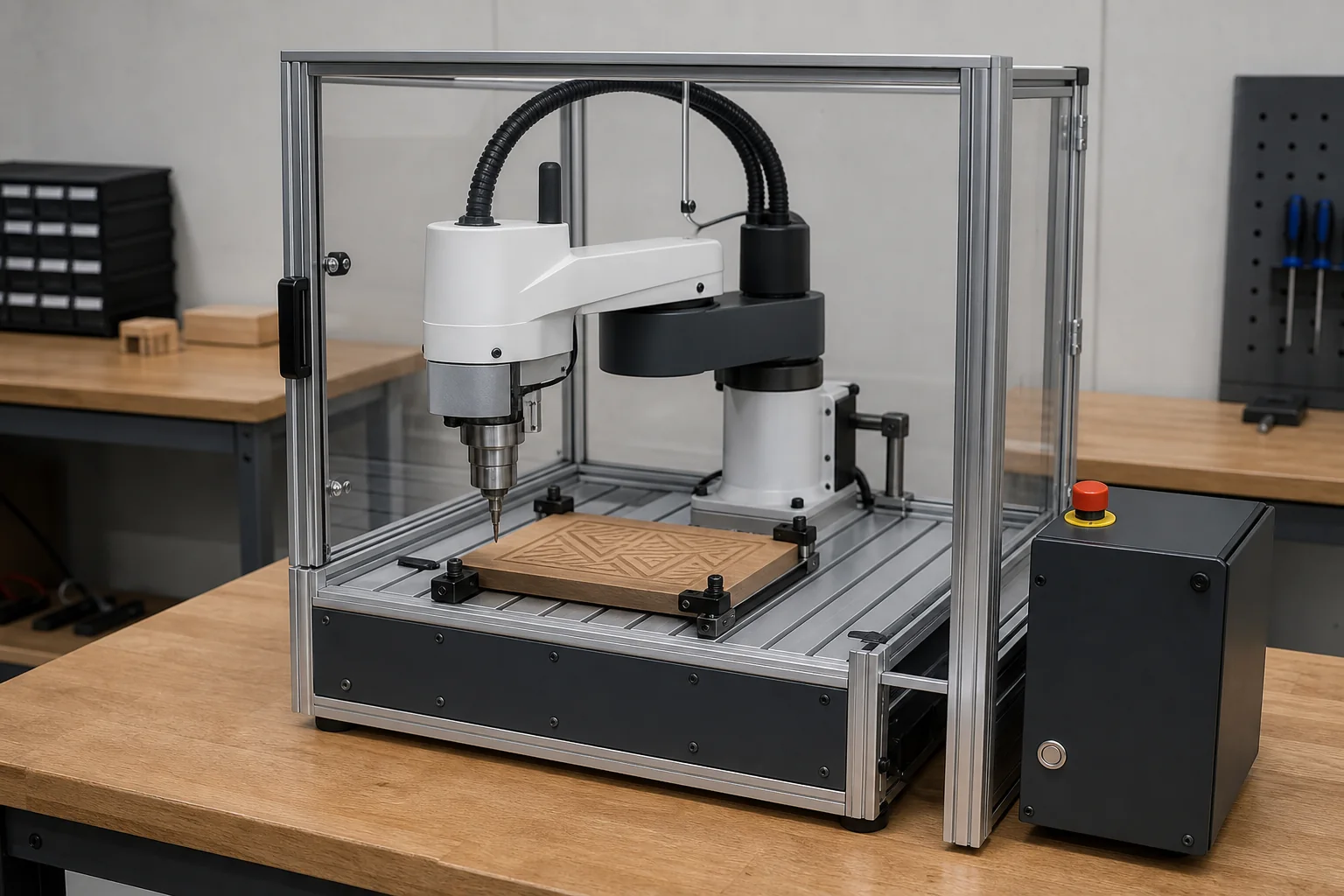 Compact SCARA robot cell engraving a wooden panel