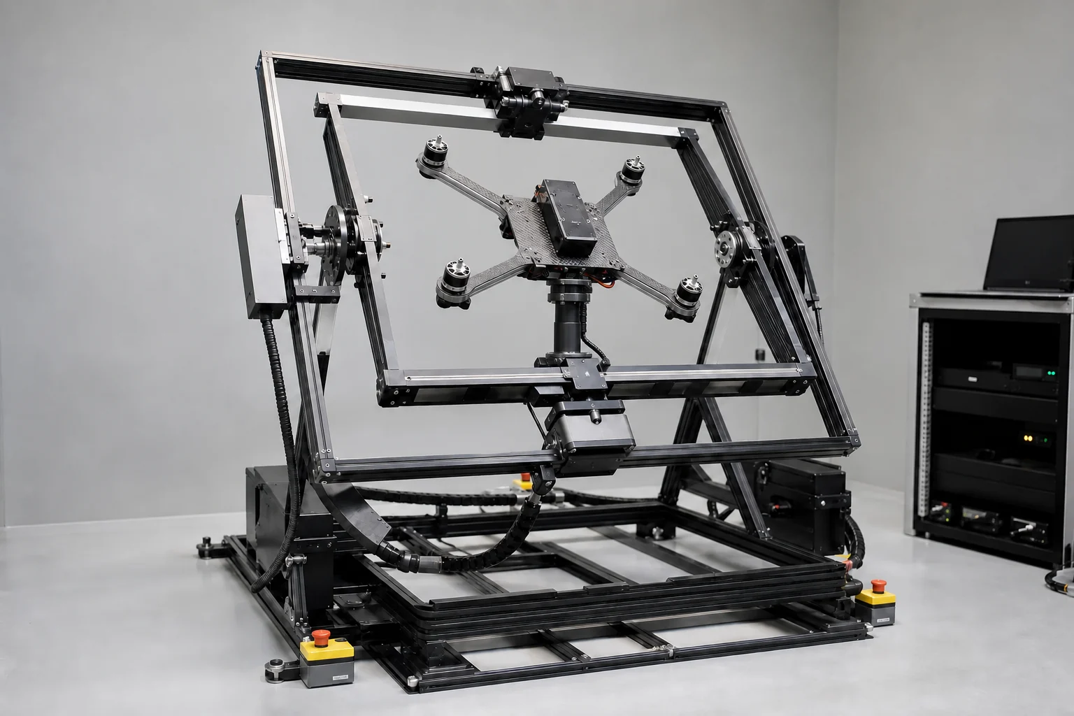 Three-axis UAV flight rate table with a quadcopter secured to a central mounting fixture